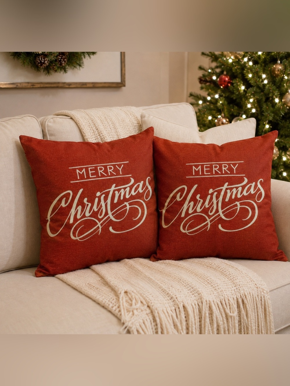 Elegant Merry Christmas Pillow Covers in Red